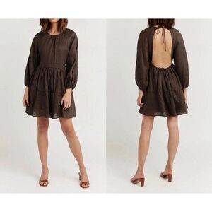 NWOT DISSH Lenore Open Back Tie Neck Puff Sleeve 100% Linen Chocolate Dress 6US